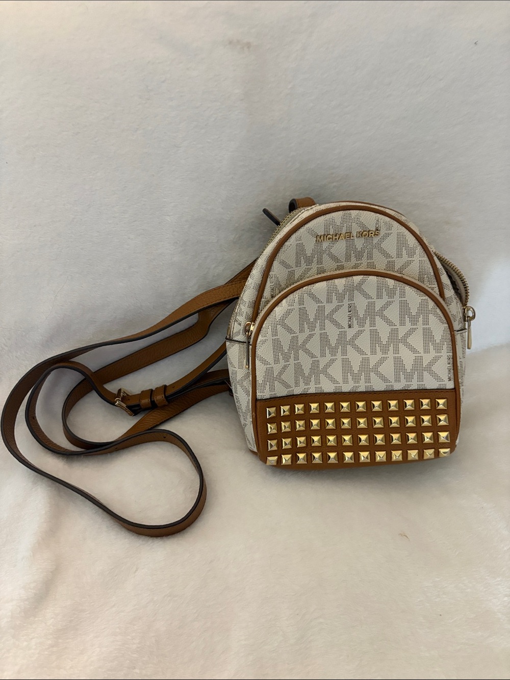 Michael Kors White & Brown MK Logo Mini Backpack with Gold Studs